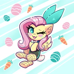 Size: 3175x3180 | Tagged: safe, artist:confetticakez, character:fluttershy, species:pegasus, species:pony, g4, abstract background, blushing, bunny ears, bunny suit, bunnyshy, chibi, clothing, costume, cute, ear fluff, easter, easter bunny, easter egg, eyebrows, eyelashes, female, fishnets, holiday, leotard, mare, shyabetes, solo, spread wings, stockings, thigh highs, whiskers, wings, winking at you