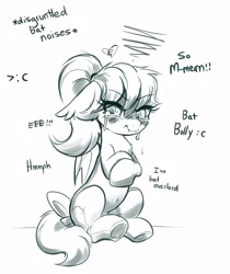 Size: 3200x3815 | Tagged: safe, artist:confetticakez, oc, oc only, oc:confetti cupcake, species:bat pony, species:pony, bat pony oc, black and white, blushing, crying, cute little fangs, dialogue, eye clipping through hair, eyebrows, eyebrows visible through hair, eyelashes, fangs, female, floppy ears, grayscale, mare, monochrome, ponytail, sharp teeth, sitting, sketch, solo, text