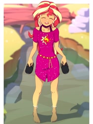 Size: 1200x1600 | Tagged: safe, artist:rockset, character:sunset shimmer, species:eqg human, g4, my little pony:equestria girls, barefoot, bra strap, clothing, cute, dress, explicit source, eyebrows, eyelashes, eyes closed, feet, female, open mouth, sandals, shimmerbetes, shoes, smiling, solo, wading