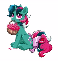 Size: 3366x3517 | Tagged: safe, artist:confetticakez, character:fizzy, species:pony, species:unicorn, g1, g4, basket, bow, cute, cutie mark, eyebrows, eyelashes, female, flower, g1 to g4, generation leap, holding, horn, mare, mouth hold, simple background, solo, tail bow, white background