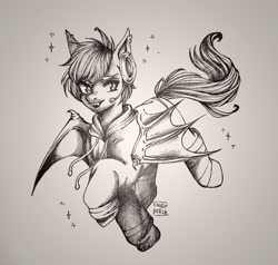 Size: 3146x3000 | Tagged: safe, artist:sugarrrpeach, oc, oc only, species:bat pony, species:pony, g4, bat pony oc, bat wings, clothing, grayscale, high res, hoodie, monochrome, signature, simple background, solo, traditional art, white background, wings