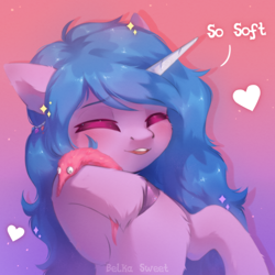 Size: 2000x2000 | Tagged: safe, artist:anku, character:izzy moonbow, species:pony, species:unicorn, g5, my little pony: a new generation, cheek fluff, chest fluff, colored eyebrows, colored eyelashes, cute, eyebrows, eyebrows visible through hair, eyes closed, female, gradient background, gradient hair, high res, mare, multicolored hair, open mouth, open smile, simple background, smiling, solo, toy, worm, worm on a string