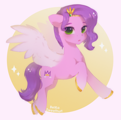 Size: 1904x1880 | Tagged: safe, artist:anku, character:pipp petals, species:pegasus, species:pony, g5, my little pony: a new generation, abstract background, adorapipp, circlet, coat markings, colored hooves, cute, female, floppy ears, hooves, mare, open mouth, pipp wings, signature, simple background, socks (coat marking), solo, spread wings, three quarter view, unshorn fetlocks, wings
