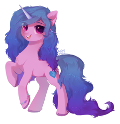 Size: 1928x2000 | Tagged: safe, artist:anku, character:izzy moonbow, species:pony, species:unicorn, g5, my little pony: a new generation, bracelet, colored eyebrows, colored hooves, colored pupils, cute, eye clipping through hair, eyebrows, female, gradient hair, hooves, izzybetes, jewelry, looking at you, mare, multicolored hair, raised hoof, signature, simple background, solo, unshorn fetlocks, white background