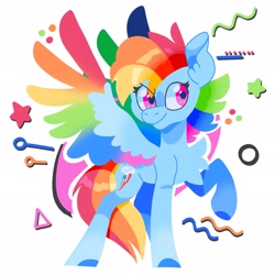 Size: 2048x2048 | Tagged: safe, artist:pastacrylic, character:rainbow dash, species:pegasus, species:pony, g4, abstract background, chest fluff, colored hooves, colored wings, female, hooves, looking sideways, mare, multicolored wings, raised hoof, simple background, solo, spread wings, three quarter view, white background, wings