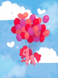 Size: 1535x2048 | Tagged: safe, artist:cyberspit, character:pinkie pie, species:earth pony, species:pony, g4, balloon, cloud, female, floating, heart, mare, profile, sky, sky background, solo, then watch her balloons lift her up to the sky