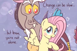 Size: 1800x1200 | Tagged: safe, artist:dynamo, artist:typhwosion, part of a set, character:discord, character:fluttershy, species:draconequus, species:pegasus, species:pony, g4, collaboration, dialogue, female, hug, looking at someone, looking at you, male, mare, open mouth, positive ponies, spread wings, text, three quarter view, wings