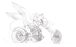 Size: 1700x1044 | Tagged: safe, artist:baron engel, character:princess celestia, species:alicorn, species:pony, g4, black and white, boots, butt, chopper, clothing, cutie mark, explicit source, female, garters, grayscale, hoof boots, horn, jacket, looking at you, looking back, looking back at you, mare, monochrome, motorcycle, pencil drawing, radial engine, shoes, simple background, sketch, solo, spread wings, sunbutt, traditional art, white background, wings, wip