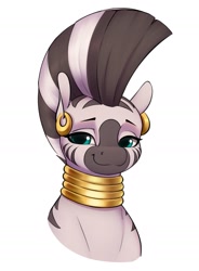 Size: 1449x1974 | Tagged: safe, artist:aquaticvibes, character:zecora, species:zebra, g4, bust, ear piercing, earring, female, jewelry, looking at you, mohawk, neck rings, piercing, portrait, simple background, smiling, solo, white background