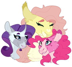 Size: 1280x1205 | Tagged: safe, artist:harpsealz, character:fluttershy, character:pinkie pie, character:rarity, species:earth pony, species:pegasus, species:pony, species:unicorn, g4, alternate design, bust, cuddling, fangs, sharp teeth