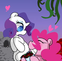 Size: 500x494 | Tagged: safe, artist:thatna, character:pinkie pie, character:rarity, species:earth pony, species:pony, species:unicorn, ship:raripie, g4, banquet, castle, flower, heart