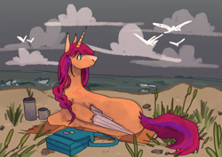 Size: 1280x905 | Tagged: safe, artist:anyponyrequests, character:sunny starscout, species:alicorn, species:earth pony, species:pony, g5, bag, beach, beautiful, bird watching, outdoors
