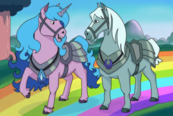 Size: 1280x854 | Tagged: safe, artist:catscratchpaper, character:izzy moonbow, species:pony, species:unicorn, g5, my little pony: a new generation, armor, centaurworld, colored hooves, crossover, cute, duo, female, gradient hair, hoers, hooves, horse, horse (centaurworld), izzybetes, kimiko glenn, mare, multicolored hair, netflix, open mouth, parody, profile, rainbow, rainbow road, raised hoof, style emulation, unshorn fetlocks, voice actor joke