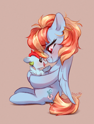 Size: 2205x2894 | Tagged: safe, artist:shore2020, character:rainbow dash, character:windy whistles, species:pegasus, species:pony, g4, baby, baby dash, baby pony, beige background, boop, cute, daaaaaaaaaaaw, dashabetes, daughter, eyebrows, eyebrows visible through hair, female, filly, folded wings, happy, high res, like mother like daughter, like parent like child, looking at each other, mare, mother, mother and child, mother and daughter, noseboop, parent and child, profile, signature, simple background, sitting, smiling, spread wings, weapons-grade cute, windybetes, wings, young, younger