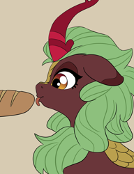 Size: 1144x1492 | Tagged: safe, artist:lockhe4rt, character:cinder glow, character:summer flare, species:kirin, episode:sounds of silence, g4, my little pony: friendship is magic, baguette, beige background, blep, bread, bust, cinderbetes, cute, female, floppy ears, food, licking, misleading thumbnail, not porn, profile, simple background, smiling, solo, tongue out