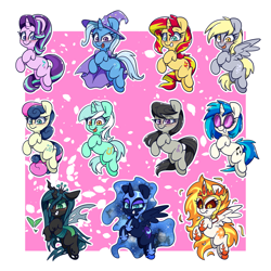 Size: 1500x1500 | Tagged: safe, artist:lou, character:bon bon, character:daybreaker, character:derpy hooves, character:dj pon-3, character:lyra heartstrings, character:nightmare moon, character:octavia melody, character:princess celestia, character:princess luna, character:queen chrysalis, character:starlight glimmer, character:sunset shimmer, character:sweetie drops, character:trixie, character:vinyl scratch, species:alicorn, species:changeling, species:earth pony, species:pegasus, species:pony, species:unicorn, g4, my little pony:equestria girls, abstract background, changeling queen, female, mare, simple background, three quarter view
