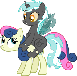 Size: 1041x1024 | Tagged: safe, edit, character:bon bon, character:lyra heartstrings, character:sweetie drops, species:changeling, species:pony, ship:lyrabon, g4, blue changeling, changelingified, changelings riding ponies, corrupted, digital art, female, lesbian, lyra riding bon bon, ponies riding ponies, riding, shipping, simple background, species swap, transparent background, vector