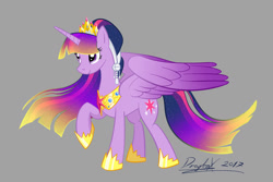 Size: 1280x853 | Tagged: safe, artist:dragbax, character:twilight sparkle, character:twilight sparkle (alicorn), species:alicorn, species:pony, g4, alternate hairstyle, big crown thingy, clothing, colored wings, crown, element of magic, female, flowing mane, gradient hair, gradient wings, gray background, hoof shoes, jewelry, mare, multicolored hair, multicolored wings, necklace, older, peytral, raised hoof, recolor, regalia, shoes, signature, simple background, spread wings, three quarter view, ultimate twilight, wings
