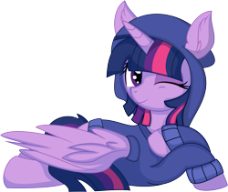 Size: 7357x6218 | Tagged: safe, artist:cyanlightning, character:twilight sparkle, species:alicorn, species:pony, g4, .svg available, absurd resolution, clothing, cute, digital art, female, hoodie, lying down, mare, one eye closed, prone, simple background, smiling, solo, spread wings, three quarter view, transparent background, twiabetes, vector, wings, wink