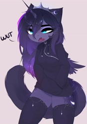 Size: 2789x3984 | Tagged: safe, artist:magnaluna, character:princess luna, species:alicorn, species:anthro, g4, adorasexy, both cutie marks, clothing, crown, cute, cute little fangs, cutie mark, eyebrows, eyelashes, eyeshadow, fangs, female, gradient hair, hoodie, jewelry, lunabetes, makeup, mare, multicolored hair, open mouth, regalia, schrödinger's pantsu, sexy, sharp teeth, simple background, skindentation, socks, stockings, stupid sexy princess luna, thigh highs, thighs, wat, zettai ryouiki
