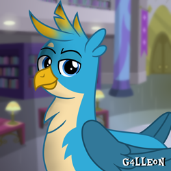 Size: 1700x1700 | Tagged: safe, artist:g4lleon, character:gallus, species:griffon, g4, library, looking at someone, looking at you, male, proud, signature, smiling, smiling at you, smirk, solo, three quarter view