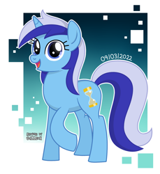 Size: 1100x1200 | Tagged: safe, artist:g4lleon, character:minuette, species:pony, species:unicorn, g4, abstract background, cute, female, happy, looking at someone, looking at you, mare, minubetes, open mouth, open smile, picture, raised hoof, signature, smiling, smiling at you, solo, three quarter view