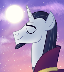 Size: 1700x1890 | Tagged: safe, artist:g4lleon, character:chancellor neighsay, species:pony, species:unicorn, g4, bust, colorful, dark sky, eyebrows, eyes closed, happy, majestic, peaceful, pink sky, profile, purple background, purple sky, signature, simple background, smiling, sun, sunrise, when he smiles