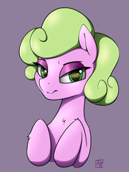 Size: 1350x1800 | Tagged: safe, artist:naen, character:daisy, species:earth pony, species:pony, g4, bust, eyebrows, eyelashes, female, gray background, lidded eyes, looking at you, mare, portrait, simple background, solo