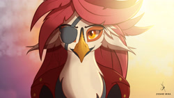 Size: 4800x2709 | Tagged: safe, artist:zidanemina, oc, oc:aesterophe bismarck, species:anthro, species:bird, species:parrot, eyebrows, eyepatch, female, looking at you, portrait, questionable source, solo, sunset