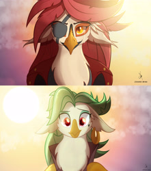 Size: 4800x5418 | Tagged: safe, artist:zidanemina, character:captain celaeno, oc, oc:aesterophe bismarck, species:anthro, species:bird, species:parrot, g4, my little pony: the movie (2017), beauty mark, crying, duo, duo female, ear piercing, earring, eyebrows, eyelashes, eyepatch, female, females only, floppy ears, implied lesbian, jewelry, looking at you, looking down, parrot pirates, piercing, sun, sunset