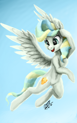 Size: 1600x2560 | Tagged: safe, artist:raphaeldavid, character:vapor trail, species:pegasus, species:pony, g4, cute, female, flying, mare, open mouth, open smile, signature, smiling, solo, spread wings, three quarter view, vaporbetes, wings