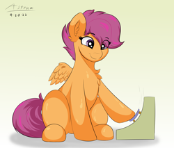 Size: 2000x1700 | Tagged: safe, artist:astrum, character:scootaloo, species:pegasus, species:pony, g4, chest fluff, cute, cutealoo, digital art, eye clipping through hair, eyebrows, eyebrows visible through hair, female, filly, foal, full body, gradient background, happy, looking down, playing, simple background, sitting, skateboard, small wings, smiling, solo, spread wings, toy, wings, young