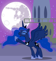 Size: 6452x7104 | Tagged: safe, artist:stellar eclipse, character:princess luna, species:alicorn, species:pony, g4, absurd resolution, canterlot, clothing, crown, cute, female, hoof shoes, jewelry, lunabetes, mare, mare in the moon, moon, necklace, night, night sky, open mouth, peytral, raised hoof, regalia, shoes, sky, solo, spread wings, starry night, stars, wings