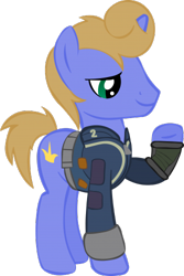 Size: 334x500 | Tagged: safe, artist:stellar eclipse, oc, oc only, oc:kings folly, species:pony, species:unicorn, fallout equestria, g4, clothing, crossover, fallout, male, profile, raised hoof, simple background, smiling, stallion, transparent background, unicorn oc, vault suit