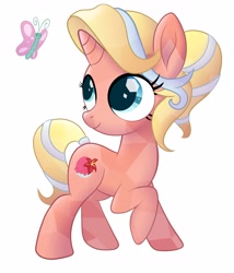 Size: 2425x2829 | Tagged: safe, artist:stellar eclipse, oc, oc only, species:crystal pony, species:pony, species:unicorn, g4, butterfly, cute, female, filly, looking up, ocbetes, simple background, smiling, solo, three quarter view, white background, young