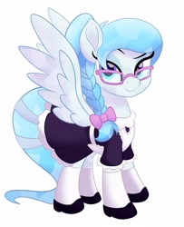 Size: 2827x3481 | Tagged: safe, artist:stellar eclipse, oc, oc only, oc:evening love, species:crystal pony, species:pegasus, species:pony, g4, bow, braid, clothing, cute, dress, eyebrows, female, glasses, hair bow, looking at you, maid, mare, ocbetes, pegasus oc, raised eyebrow, shoes, simple background, socks, solo, three quarter view, white background