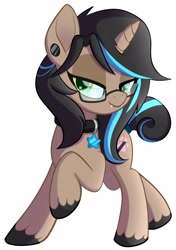 Size: 1770x2512 | Tagged: safe, artist:stellar eclipse, oc, oc only, species:pony, species:unicorn, g4, collar, colored hooves, colored pupils, cute little fangs, fangs, female, glasses, hooves, lidded eyes, looking at you, mare, raised hoof, sharp teeth, simple background, solo, three quarter view, unshorn fetlocks, white background