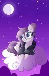 Size: 2323x3590 | Tagged: safe, artist:stellar eclipse, oc, oc:vylet, species:pegasus, species:pony, g4, clothing, cloud, cute, cute little fangs, fangs, female, glasses, hoodie, looking up, lying down, mare, moon, night, night sky, ocbetes, on a cloud, pegasus oc, prone, sharp teeth, sky, solo, starry night, stars, three quarter view, wings