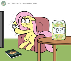 Size: 575x492 | Tagged: safe, artist:doublewbrothers, character:fluttershy, species:pegasus, species:pony, g4, angry, chair, coin, controller, couch, cross-popping veins, elden ring, female, floppy ears, gamershy, hoof hold, mare, money, playing, sitting, solo, swear jar, table, television, vein, video game