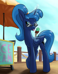 Size: 1400x1800 | Tagged: safe, artist:rocket-lawnchair, character:princess luna, species:alicorn, species:pony, g4, alternate hairstyle, cute, female, food, glowing horn, ice cream, ice cream cart, ice cream cone, looking sideways, lunabetes, magic, magic aura, mare, ponytail, solo, sunglasses, telekinesis, tongue out, umbrella