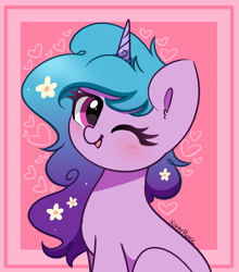Size: 2917x3308 | Tagged: safe, artist:kittyrosie, character:izzy moonbow, species:pony, species:unicorn, g5, abstract background, blushing, female, flower, flower in hair, gradient mane, heart, high res, looking at you, mare, multicolored hair, one eye closed, signature, simple background, smiling, smiling at you, solo, wink, winking at you