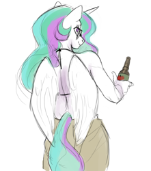 Size: 744x842 | Tagged: safe, artist:cadillacdynamite, character:princess celestia, species:alicorn, species:anthro, g4, beer bottle, cider, clothing, dress, drink, ethereal mane, female, folded wings, glasses, horn, mare, open-back dress, simple background, sketch, solo, white background, wings