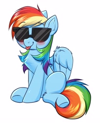 Size: 2984x3648 | Tagged: safe, artist:confetticakez, character:rainbow dash, species:pegasus, species:pony, g4, blep, blushing, ear fluff, eyebrows, eyebrows visible through hair, female, mare, simple background, sitting, solo, sunglasses, tongue out, white background, wings