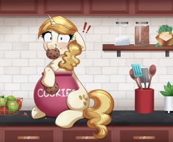 Size: 4000x3298 | Tagged: safe, artist:confetticakez, character:sweet biscuit, species:pony, species:unicorn, g4, adorabiscuit, apple, blushing, caught, cookie, cookie jar, crumbs, cute, cutie mark, ear fluff, female, floppy ears, food, fruit basket, horn, kitchen, kitchen counter, mare, solo, spatula, spice, spoon, stealing, sweat, tail, ych example