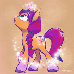 Size: 2048x2048 | Tagged: safe, artist:pfeffaroo, character:sunny starscout, character:twilight sparkle, species:earth pony, species:pony, species:unicorn, g4, g5, braid, brown background, character to character, colored hooves, female, g4 to g5, generation leap, hooves, looking up, magic, mare, profile, signature, simple background, solo, succession, sunny and her heroine, the new twilight, transformation, unshorn fetlocks