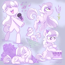 Size: 2048x2048 | Tagged: safe, artist:pfeffaroo, oc, oc only, oc:lavender spring, species:earth pony, species:pony, g4, bipedal, bush, cake, cliff, cute, earth pony oc, eyes closed, female, flower, food, frosting, hoof hold, hopping, lavender, lying down, mare, microphone, music notes, ocbetes, plant, profile, prone, singing, sitting, sleeping, standing, three quarter view