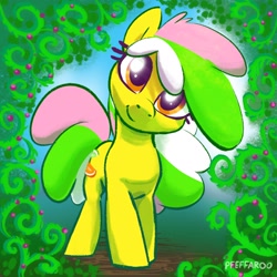 Size: 2048x2048 | Tagged: safe, artist:pfeffaroo, oc, oc only, oc:summer delight, species:earth pony, species:pony, g4, abstract background, cute, earth pony oc, high res, hooves, looking at you, multicolored hair, ocbetes, signature, smiling, smiling at you, solo, standing