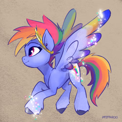 Size: 2048x2048 | Tagged: safe, artist:pfeffaroo, character:rainbow dash, character:zipp storm, species:pegasus, species:pony, g4, g5, brown background, colored hooves, female, g4 to g5, g5 concept leaks, generation leap, hooves, mare, profile, signature, simple background, solo, spread wings, transformation, unshorn fetlocks, wings