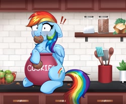 Size: 4000x3298 | Tagged: safe, artist:confetticakez, patreon reward, character:rainbow dash, species:pegasus, species:pony, g4, apple, blushing, caught, cookie, cookie jar, cutie mark, ear fluff, exclamation point, female, floppy ears, food, fruit basket, holding, kitchen, kitchen counter, looking at you, mare, mouth hold, solo, spatula, spice, stealing, wings, ych result