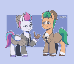 Size: 1921x1663 | Tagged: safe, artist:agfavio, idw, character:hitch trailblazer, character:zipp storm, species:earth pony, species:pegasus, species:pony, g5, my little pony: a new generation, spoiler:comic, spoiler:g5comic, spoiler:g5comic03, blaze (coat marking), blue background, clothing, coat markings, colored hooves, colored wings, deerstalker, detective, female, hat, hooves, jacket, john watson, lookinga tyou, male, mare, multicolored wings, necktie, pipe, raised hoof, sherlock holmes, shirt, signature, simple background, socks (coat marking), stalllion, three quarter view, unshorn fetlocks, wings